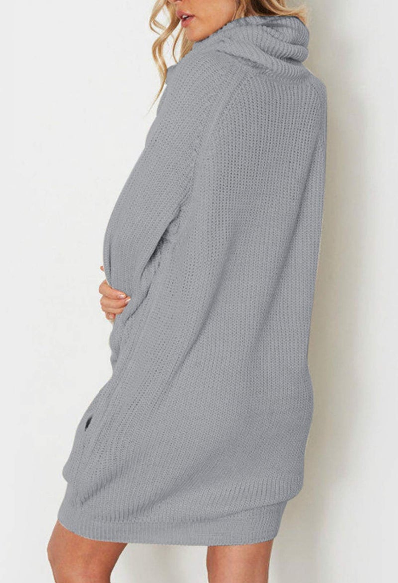 Pink Queen Women Ugly Christmas Sweater Dress Turtleneck Knitted Long Sleeve Keen Length Sweater Dress with Pockets Light Gray S - Image 5